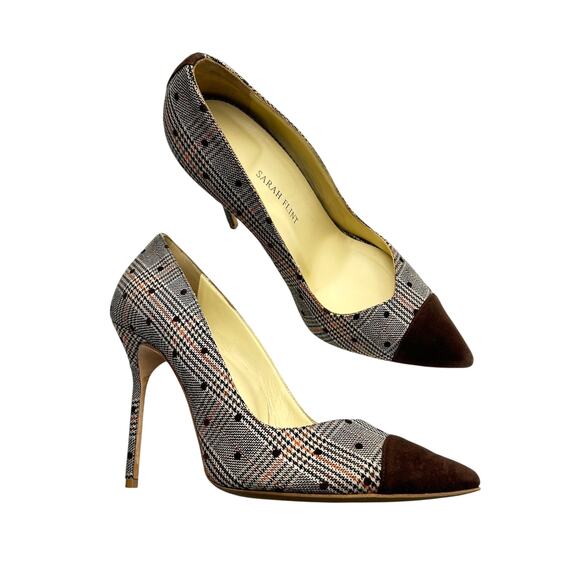 Sarah Flint Perfect Pump 100 Espresso Glen Check Plaid Suede Heels 39.5 (8.5 US) - Picture 1 of 9